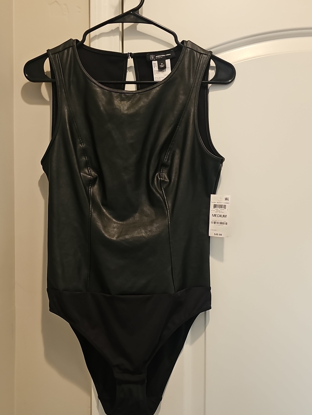 INC Black Faux Leather Sleeveless Bodysuit